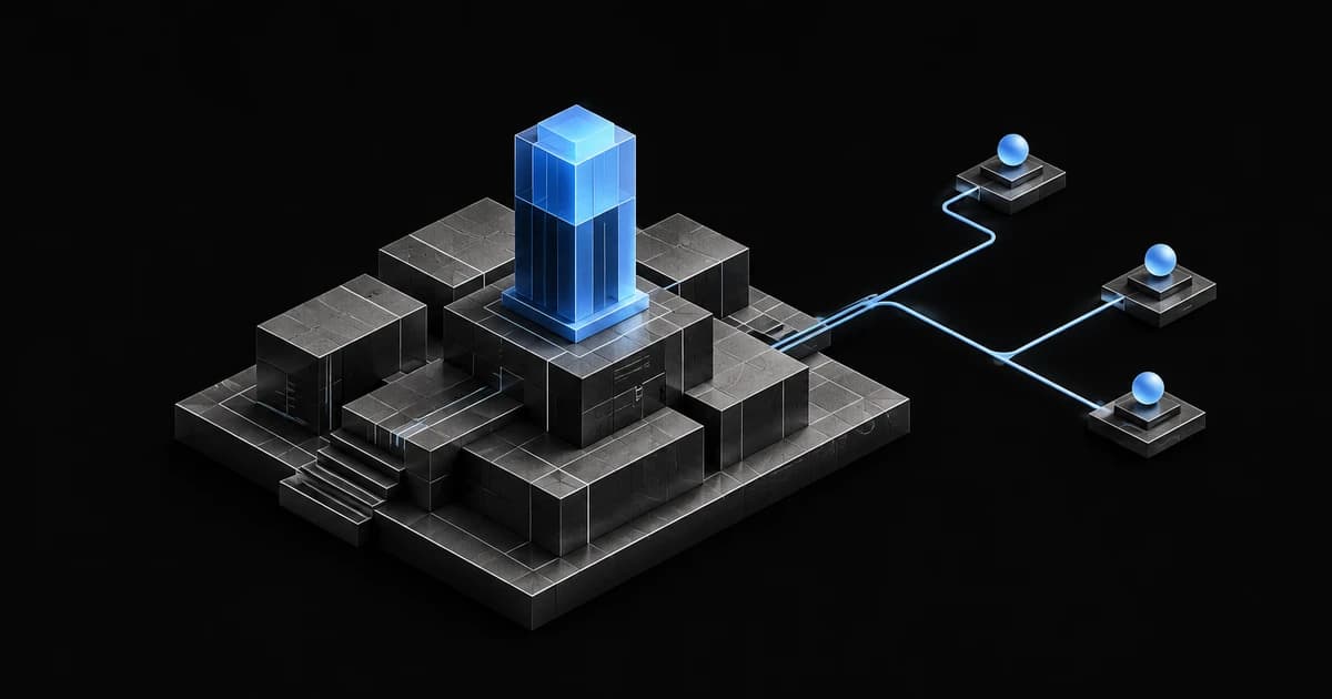 A blue product tower built on a modular graphite foundation, with a path leading to three abstract customer markers.