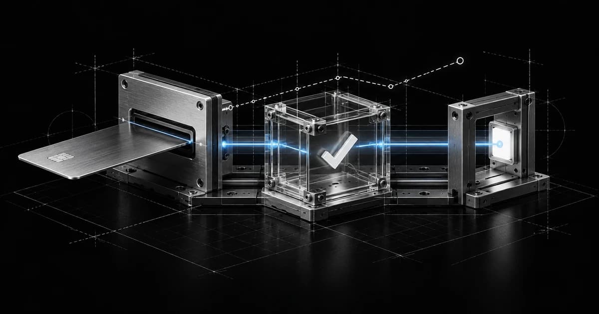 A payment card, a verification chamber, and an open access gate connected by a blue signal on a dark technical drawing.