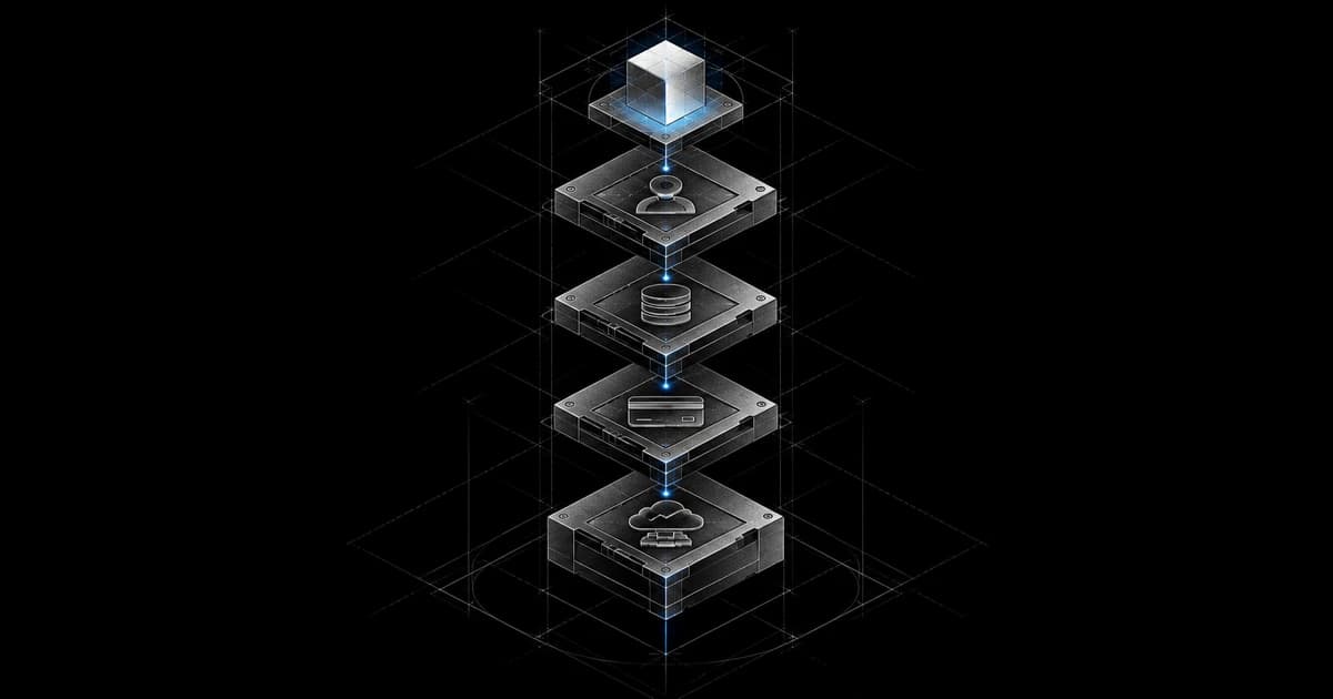 An exploded stack of precise metal modules connected by a blue signal, representing the systems behind a SaaS product.