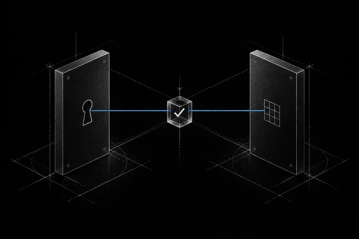 A keyhole panel and a protected data panel connected through a verification checkpoint.
